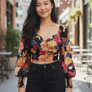 Band of Gypsies Black Floral Long Sleeve Crop Top Blouse Size S